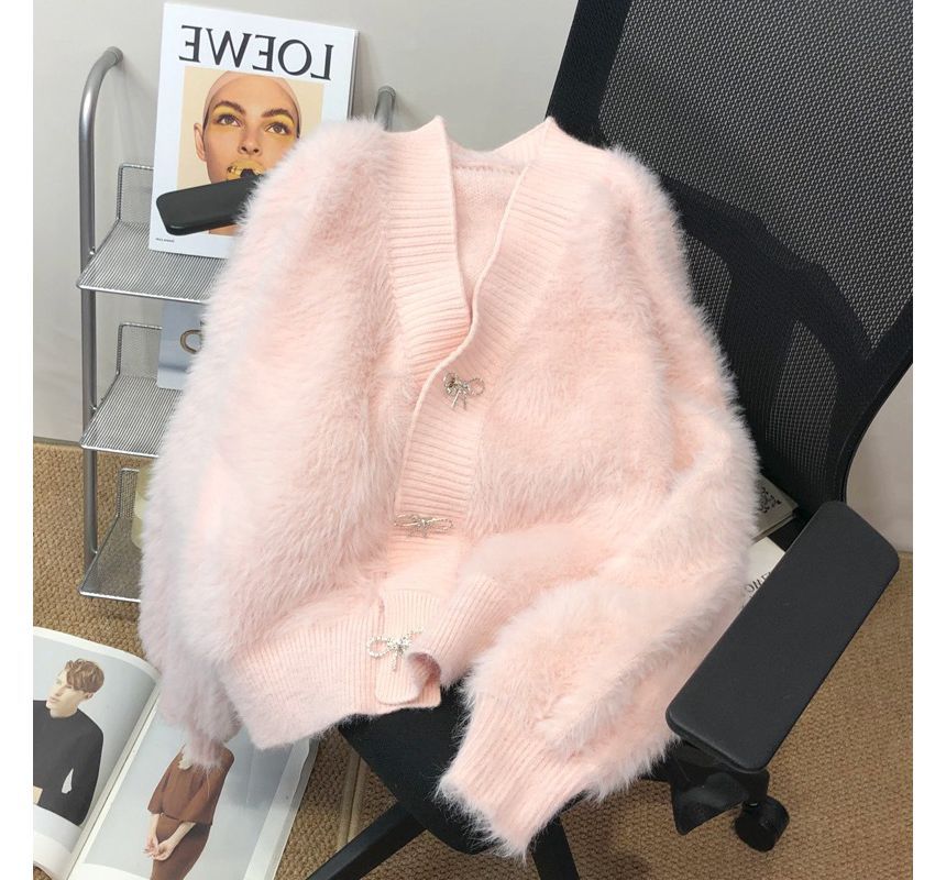 Odestra - V-hals vest met strass-lintaccent, effen, pluizig, knoopbaar