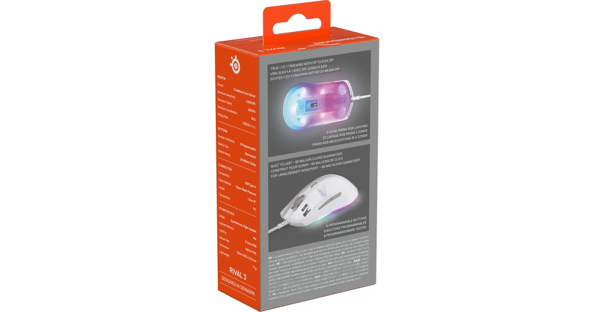 SteelSeriesRival 3 Gen 2 gaming muis  (Wit, 8.500 dpi, RGB)
