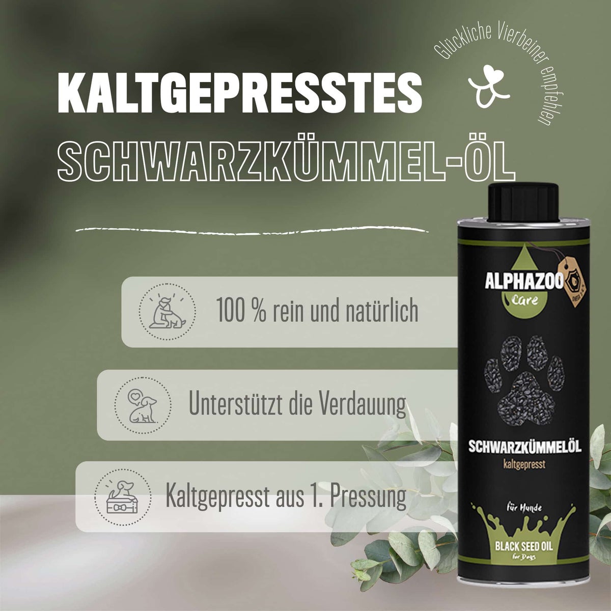 ALPHAZOO Premium Zwarte Komijnolie 250ml voor Honden | Echte Zwarte Komijn, Koudgeperst