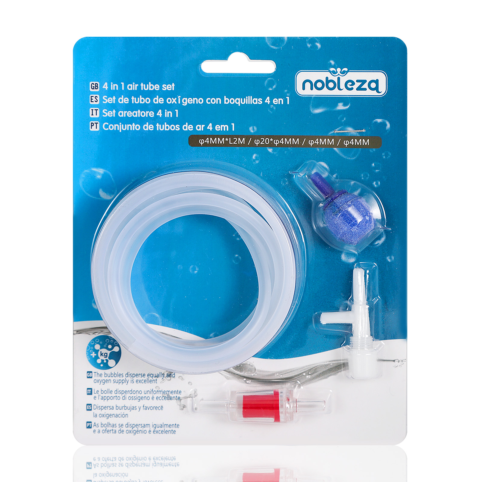Kit de acessórios para bomba de ar de aquário Nobleza 4 em 1: mangueira de oxigênio de 2 m x 4 mm, 1 válvula de retenção, 1 conector T e 1 pedra porosa.