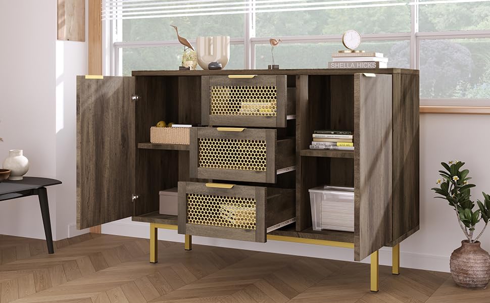 Generisch Sideboard-Schrank Kommode Mit 3 Schubladen Und 2 Türen, 120 X 40 X 76 cm, Dunkelbraun, Metallgriffe Kommode, Mehrzweckschrank Für Flur, Schlafzimmer, Wohnzimmer Und Kinderzimmer,Braun