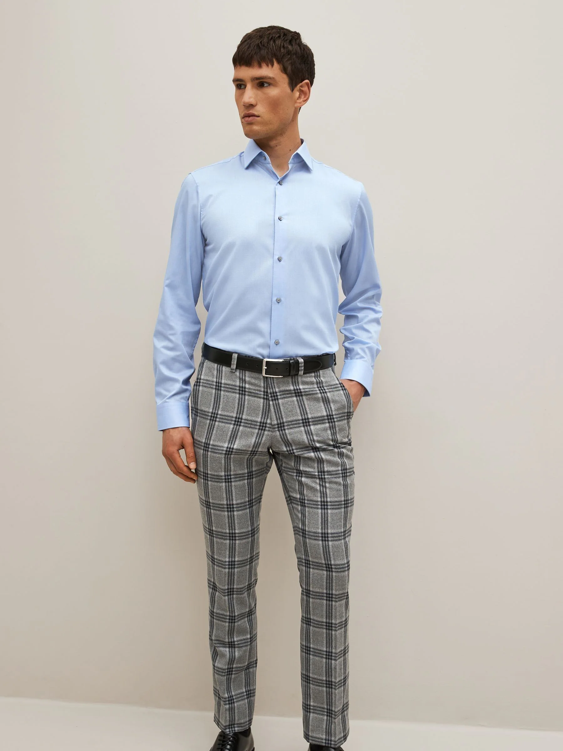 Blauw - Normale Pasvorm - Onderhoudsvriendelijk, getextureerd, slim fit overhemd met enkele manchet