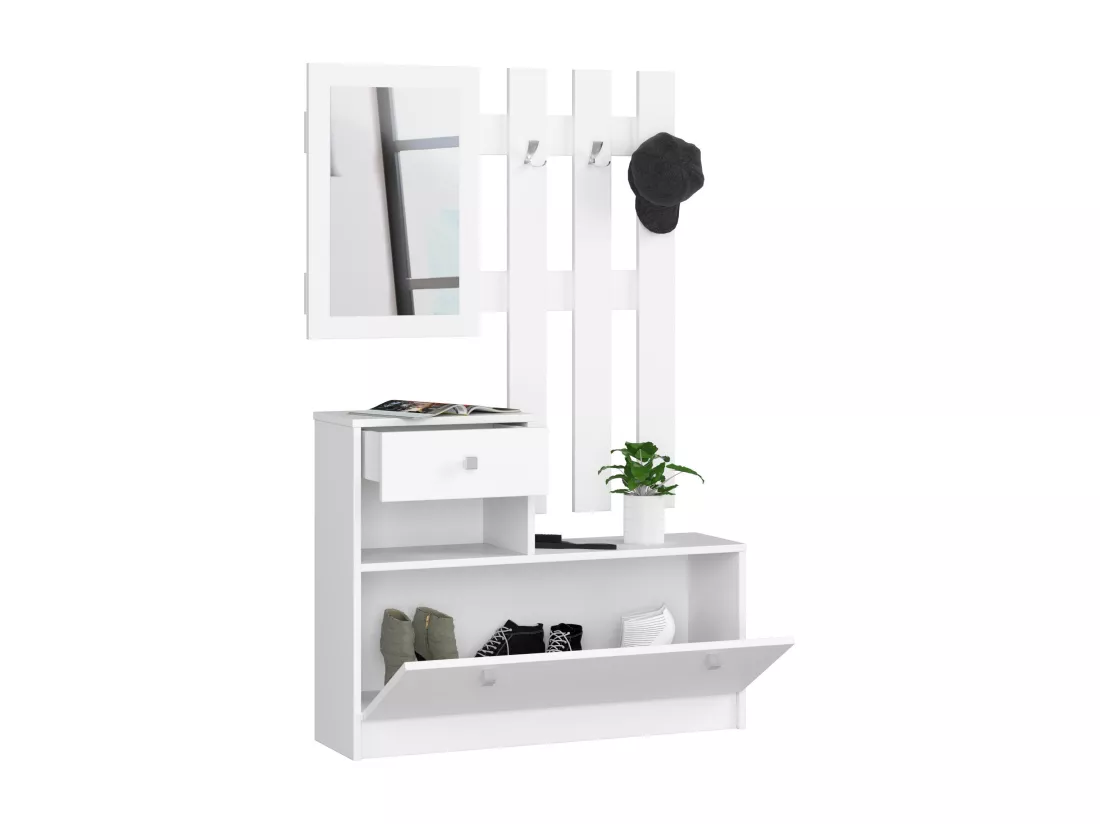 Meuble à chaussures AKORD Blanc 90 cm 1 porte 1 tiroir façade Blanche 2 étagères 90x25x170 cm