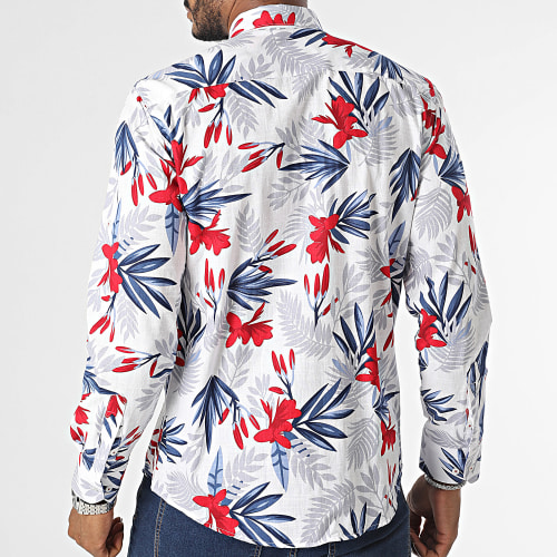 Chemise Manches Longues Blanc Bleu Rouge Floral