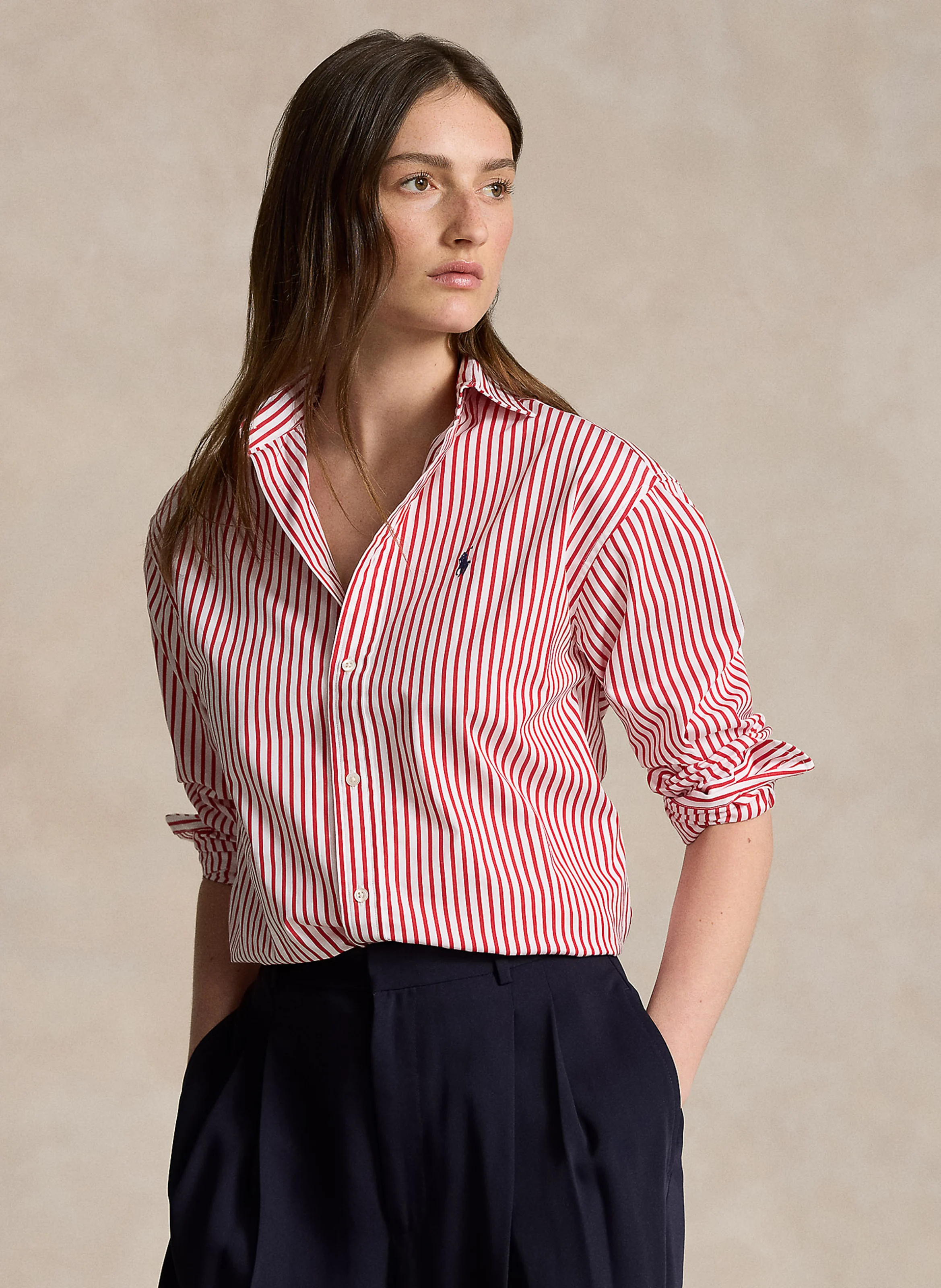 Chemise droite col polo en coton rayé | Blanc