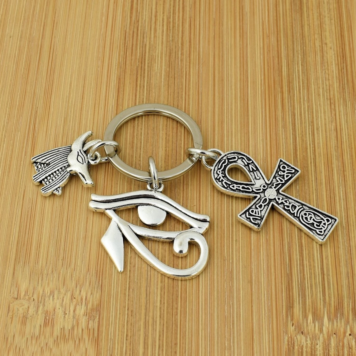 Porte-clés oeil d'Horus Oudjat d'Egypte ânkh croix ansée hiéroglyphes égyptiens Anubis argenté