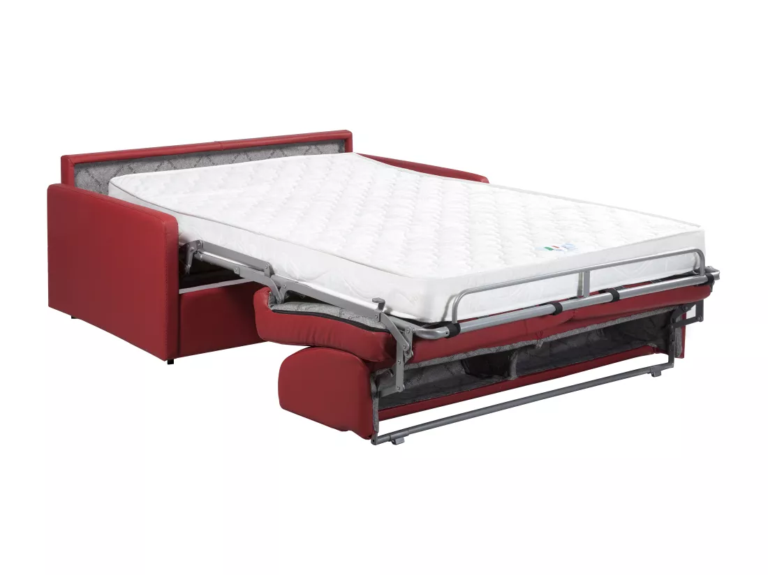 Canapé 3 places convertible express en simili rouge - Couchage à lattes larges 140 cm - Matelas 18 cm CALIFE