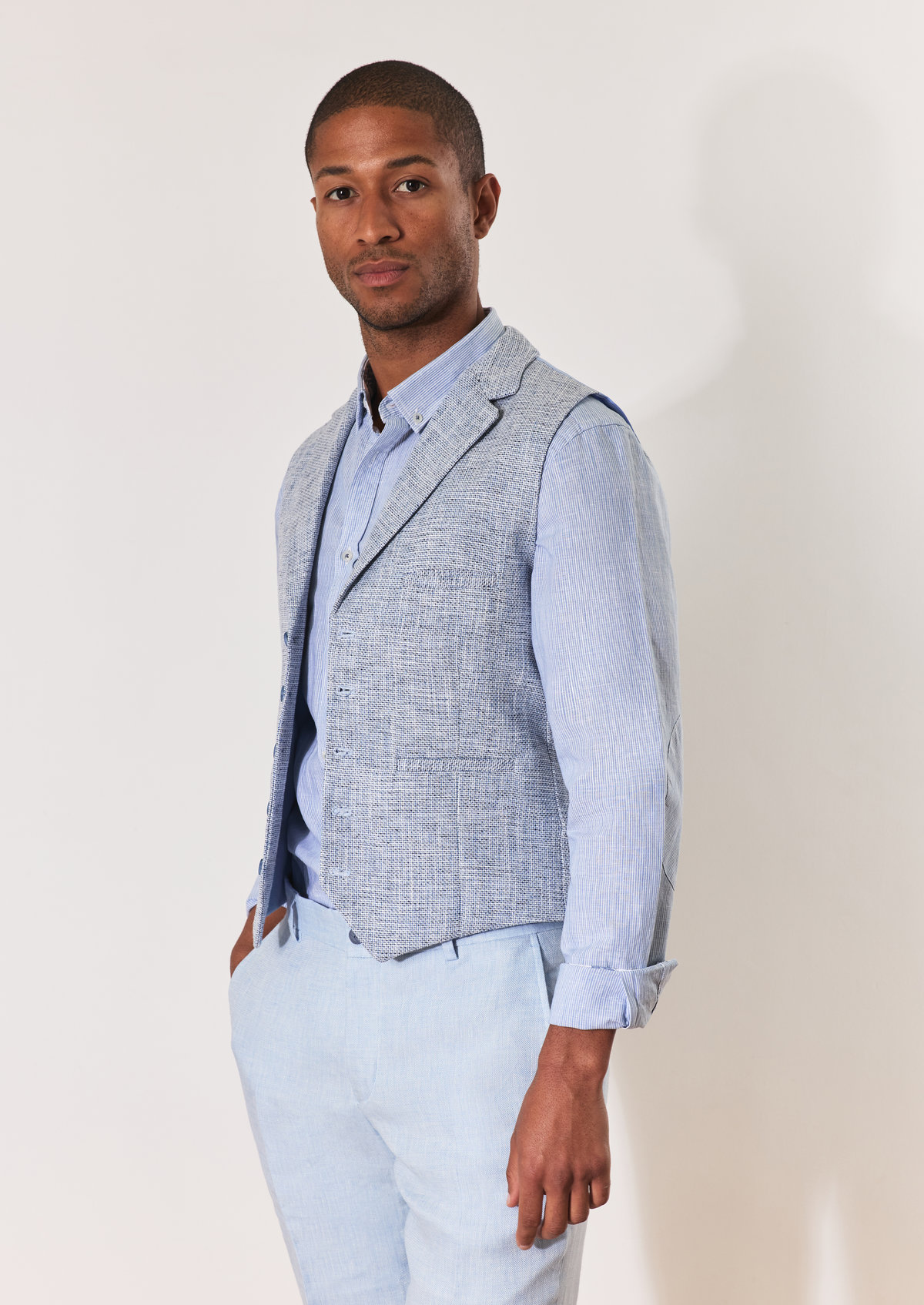 Gilet casual en coton et lin mélangés unis bleu glacier
