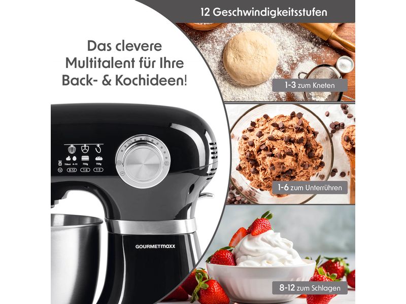 GOURMETmaxx Küchenmaschine Schwarz Küchengerät mit Rührschüssel und Zubehör