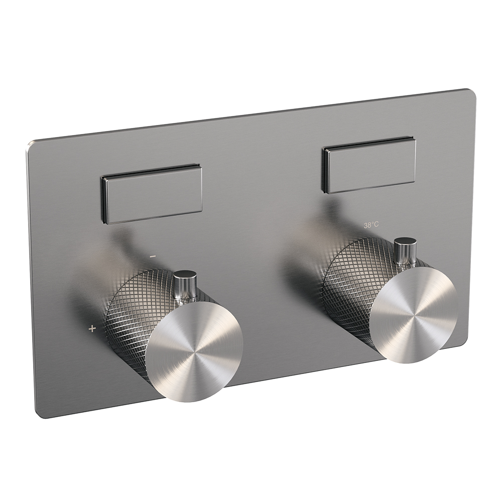 Brauer Brushed Carving thermostatische inbouw badkraan met badvulcombinatie en staafhanddouche set 3 RVS geborsteld PVD