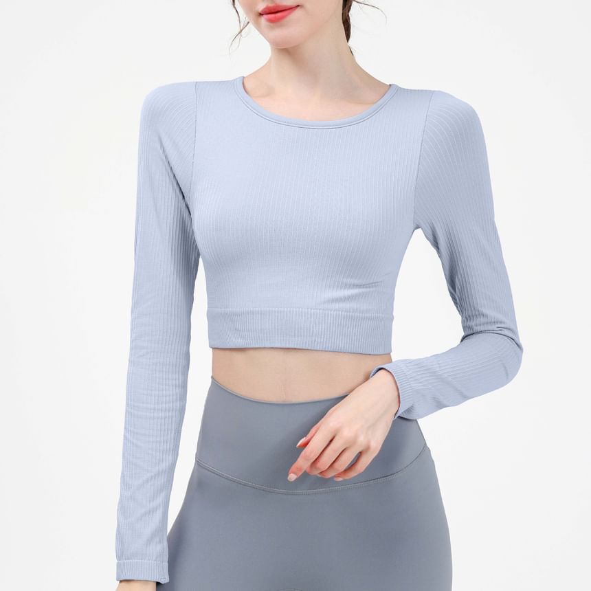 Claduodoe - Yoga T-shirt met lange mouwen en ronde hals, effen en cropped