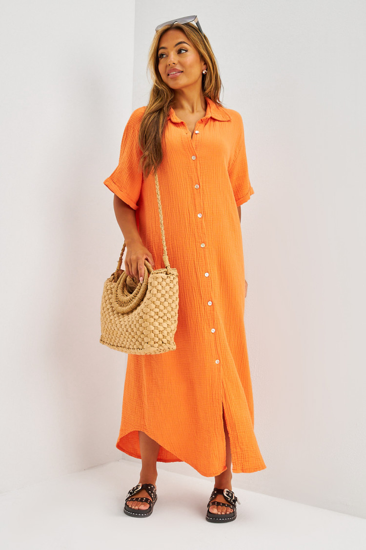 Robe longue maxi chemise en gaze de coton orange