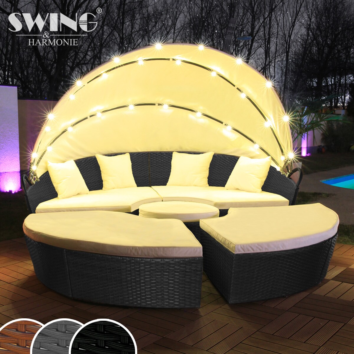 Swing&Harmonie LED - Sonneninsel Rattan Lounge Polyrattan Sitzgruppe Liege Insel inkl. Abdeckcover- versch. Ausführungen