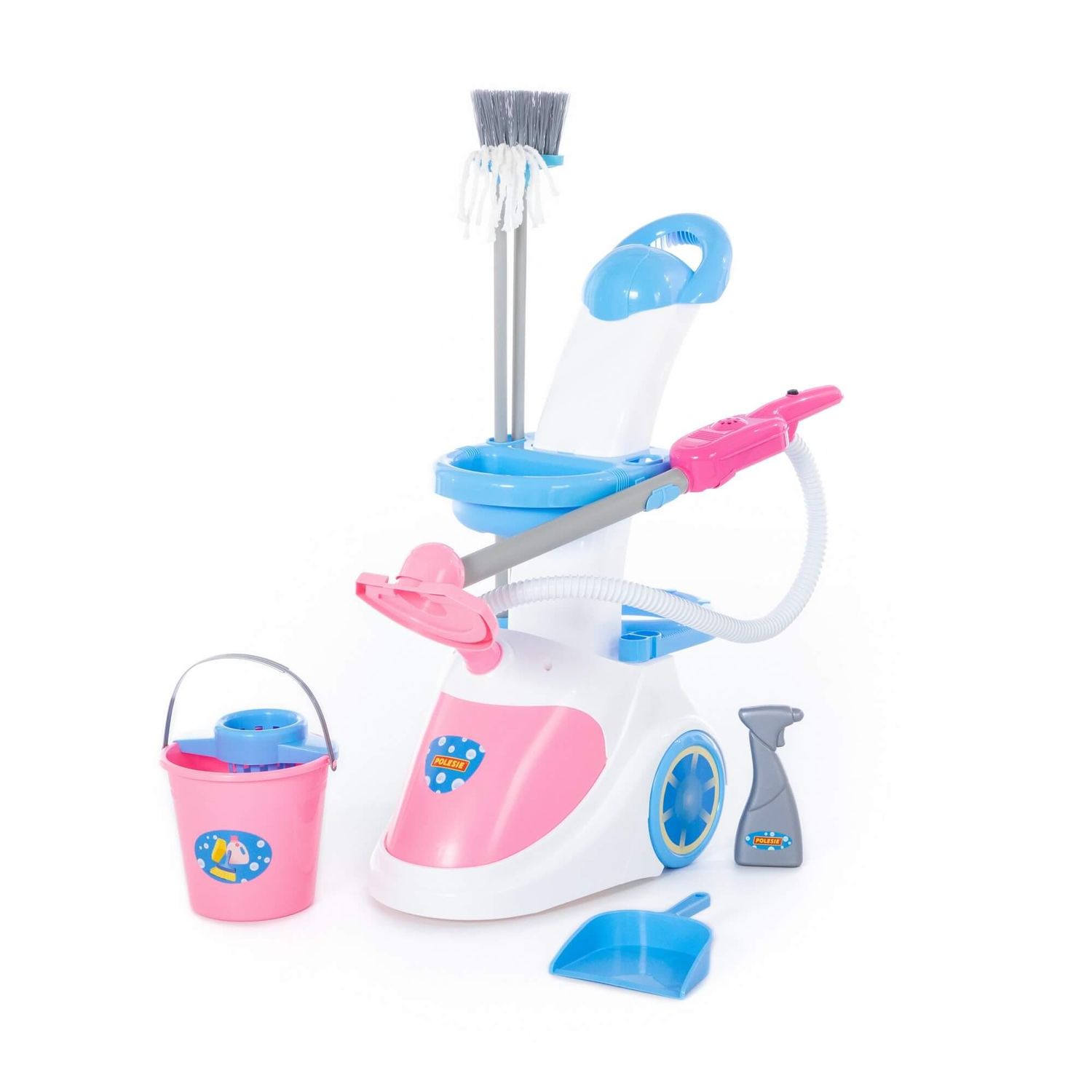 Polesie Spielzeug Putzwagen 59314 Staubsauger mit Sound, Eimer, Besen, Wischmopp rosa