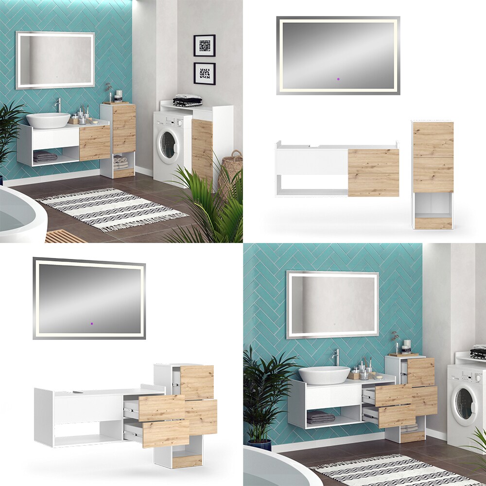 Vicco Badmöbel-Set Alf, Weiß Artisan Eiche, Badezimmer, moderne Badserie, Waschtischunterschrank, LED-Spiegel, Midischrank