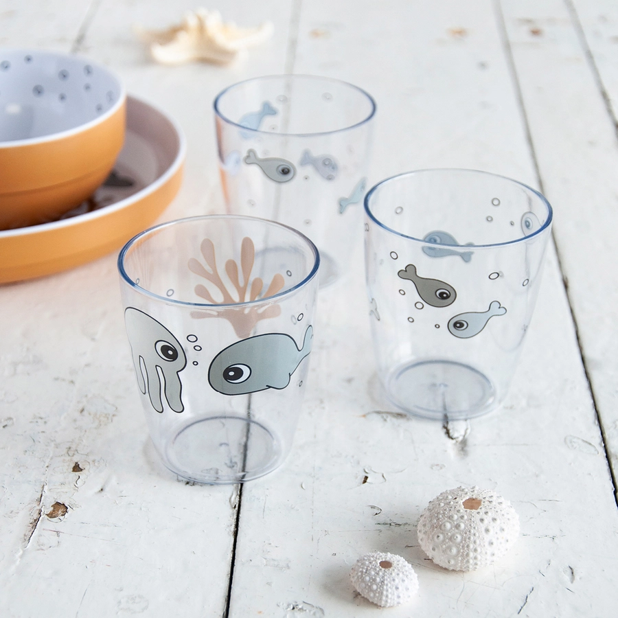 Done by Deer™ Glas Yummi mini 3-er Pack Sea friends in senfgelbgrau