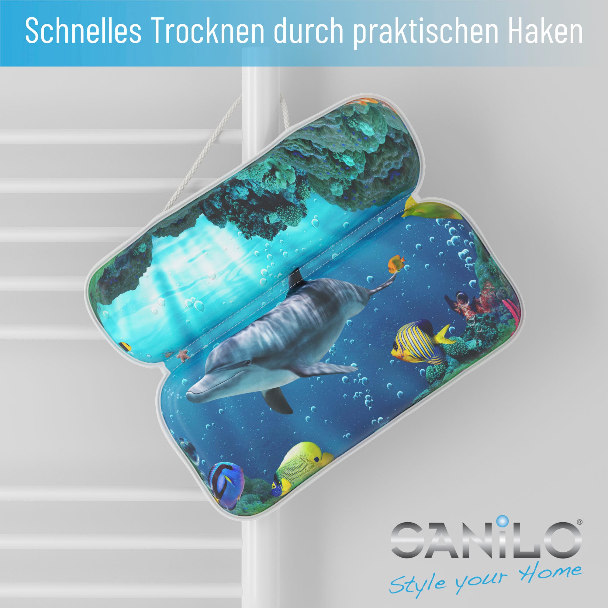 Sanilo Nackenkissen »Badewannenkissen Delphin« bequem, rutschfest, kräftige Farben, mit 7 starken Saugnäpfen