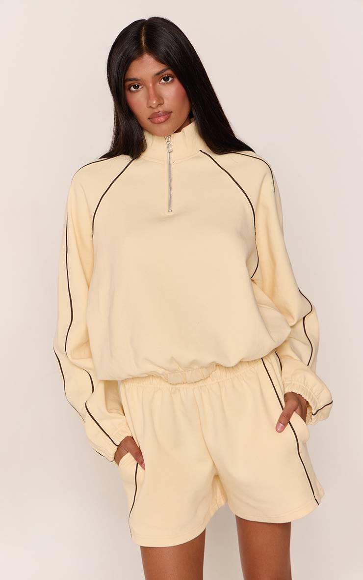 Butter Cream Sweat-shirt Interlock À Fermeture Éclair Quart Avec Détails De Passepoil Buttercream