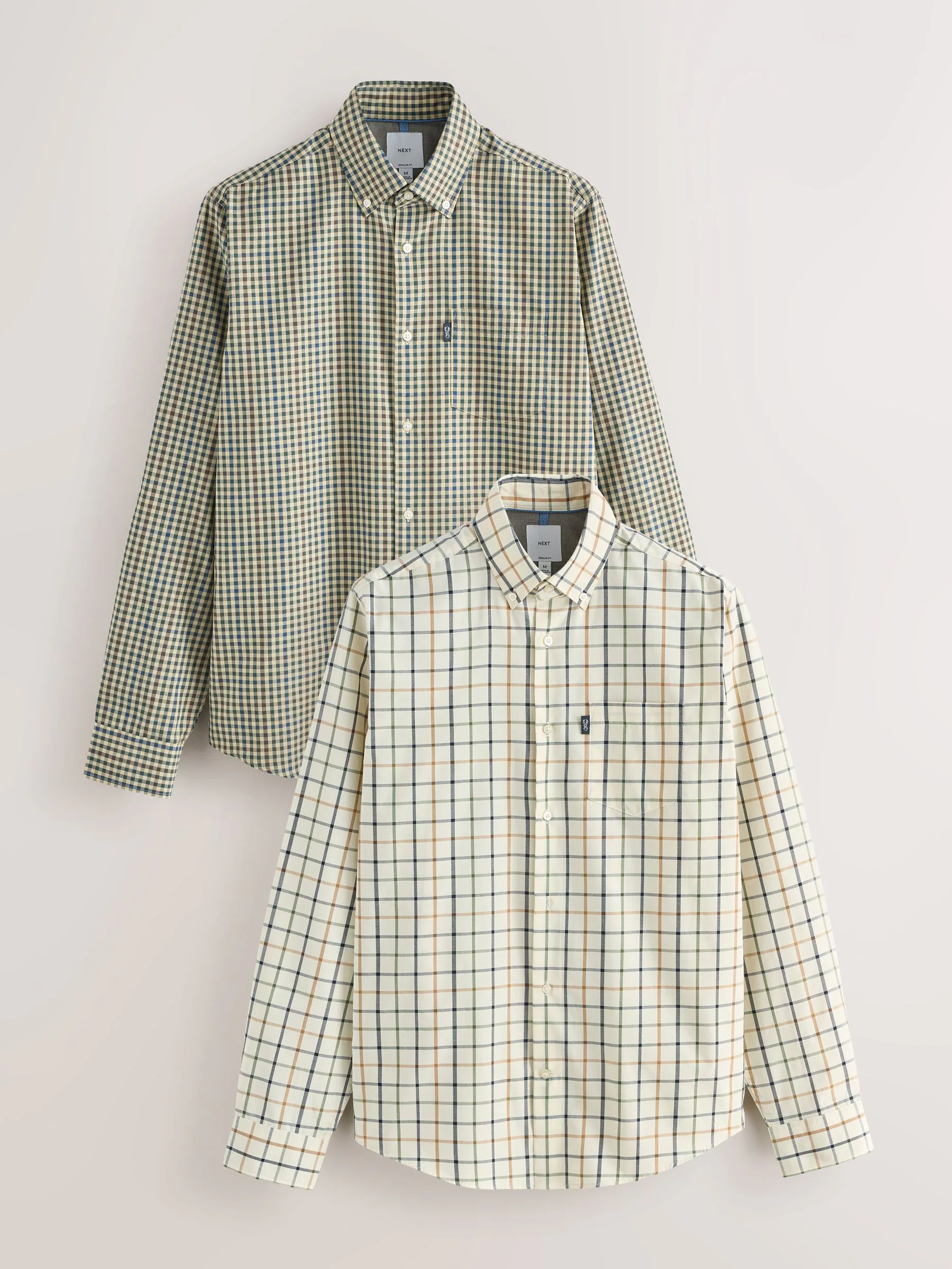 Ecru Tattersall/Neutral Green Gingham - Set van 2 stuks strijkvrije Oxford-overhemden