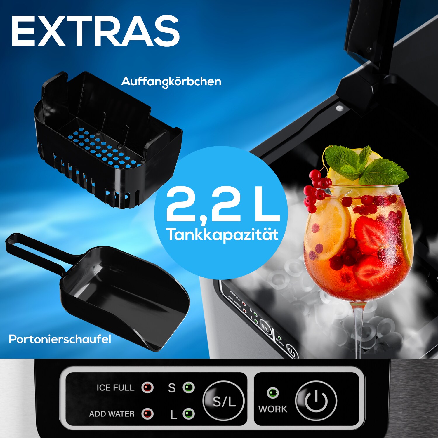 TroniTechnik® Eiswürfelmaschine Eiswürfelbereiter aus Edelstahl , Ice Maker, 12kg/24h, 2,2 Liter Wassertank, 2 Größen, Selbstreinigung