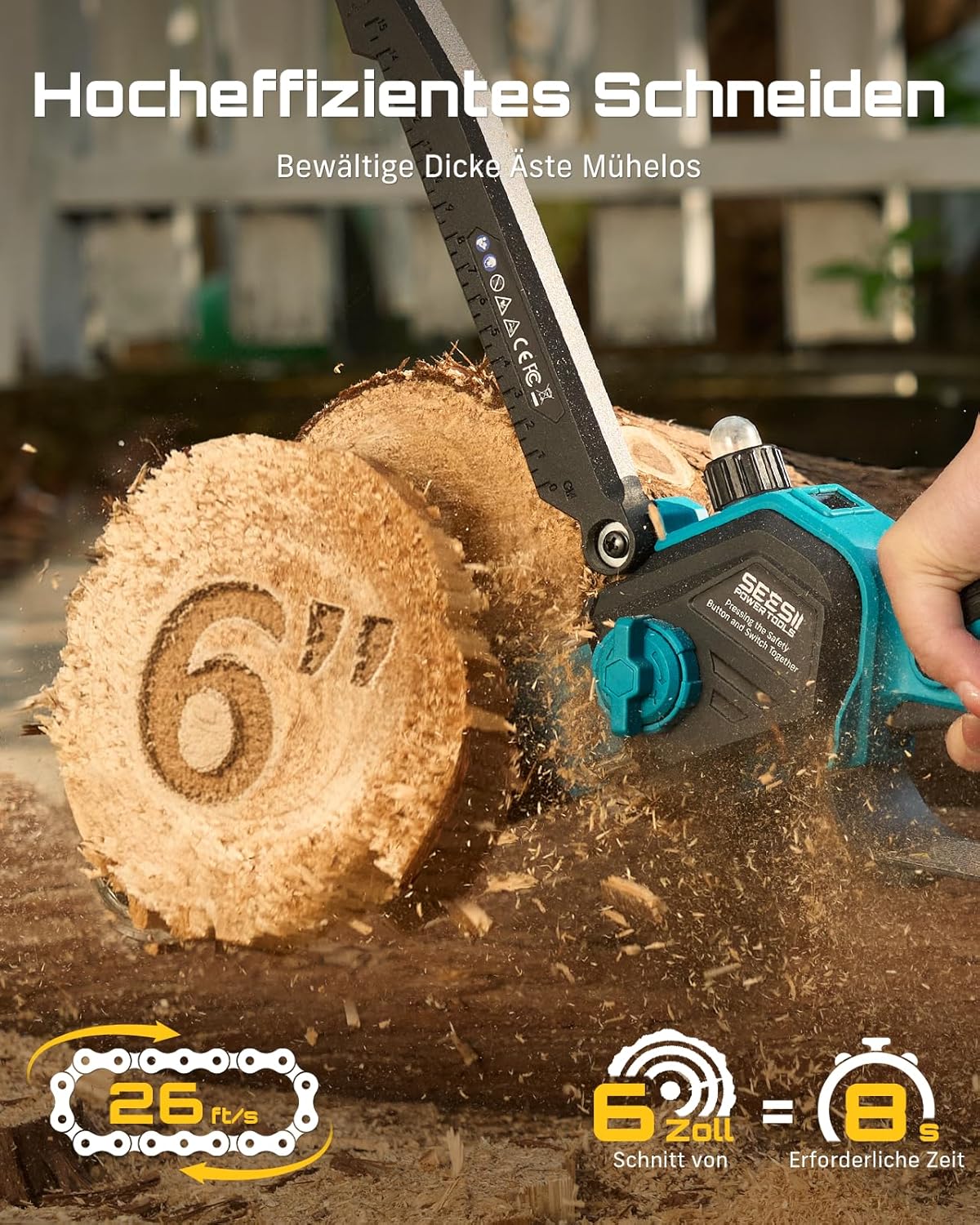 SEESII 2-in-1 Akku Hochentaster, 6-Zoll Bürstenlose Mini-Kettensäge mit 2 x 4000 mAh Batterien, 4.87m Reichweite Elektrische Kettensäge für Baum Trimmen Ast Schneiden Gartengerät