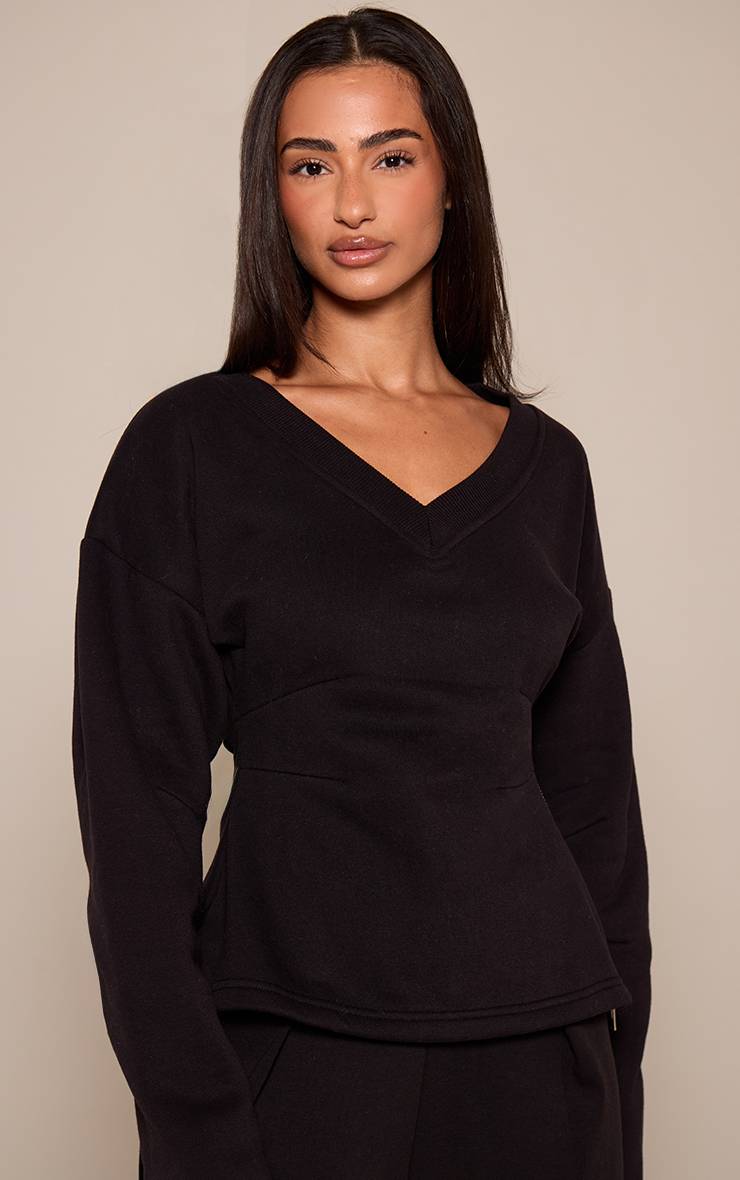 Noir Sweat-shirt Petite Col V Taille Cintrée