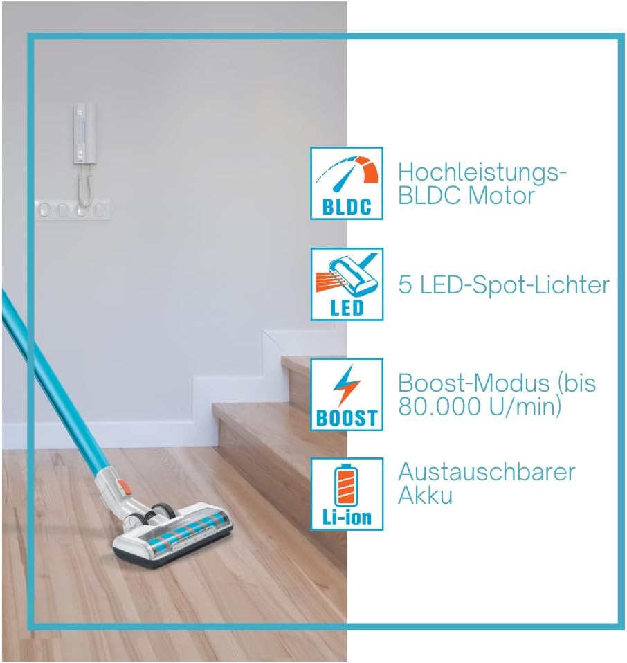 Genius Invictus X7 Akku-Staubsauger (13 Teile) Beutelloser und kabelloser 2in1 Staubsauger mit 380 Watt Saugleistung und integrierten LED-Spot-Lichter, Lithium-Ionen Akku (30 min), Weiß/Blau
