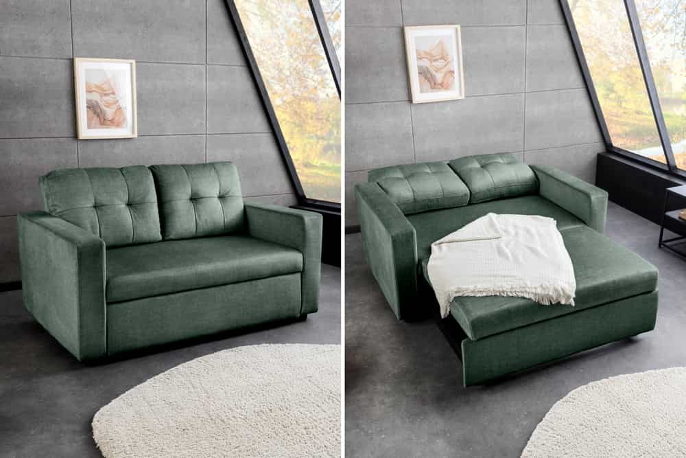 Ausziehbares Schlafsofa SMART 140cm moosgrün Vogue Velours Samt 2-Sitzer Nosagfederung