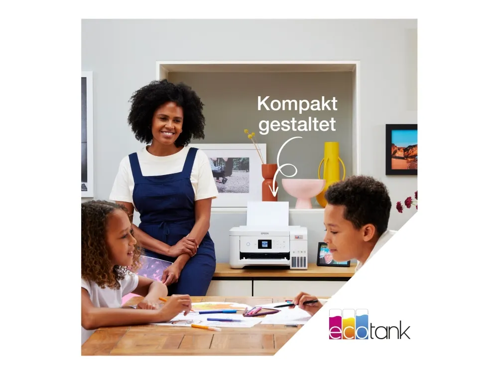 Epson EcoTank ET-2856 - Multifunktionsprinter - farve - blækprinter - kan genopfyldes - A4 (medie) - op til 10.5 spm (udskriver) - 100 ark - Wi-Fi, USB - hvid
