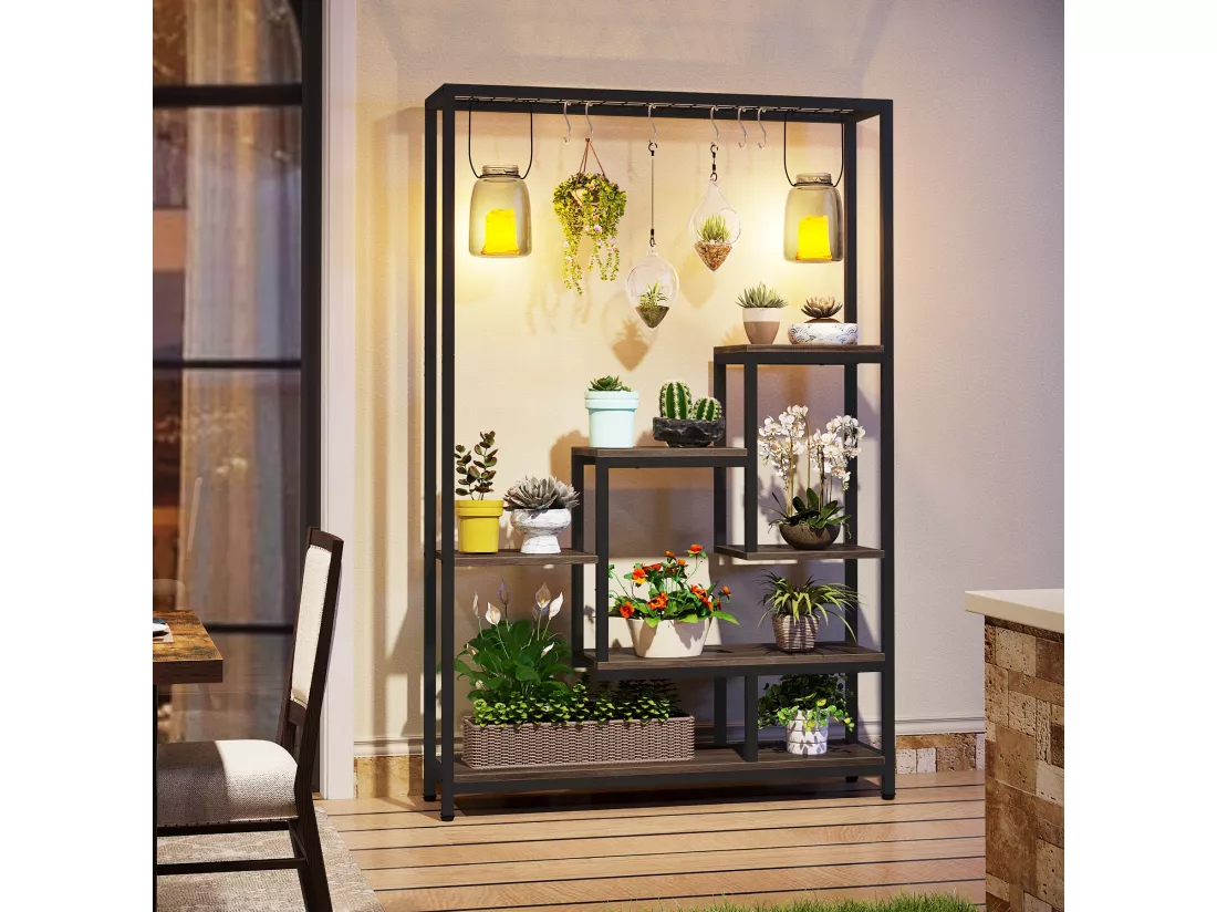 Tribesigns Support pour plantes d'intérieur à 5 niveaux - Étagère en métal de 180,1 cm avec 10 crochets de suspension en S - Pour intérieur, jardin, balcon, salon - Noir et Gris