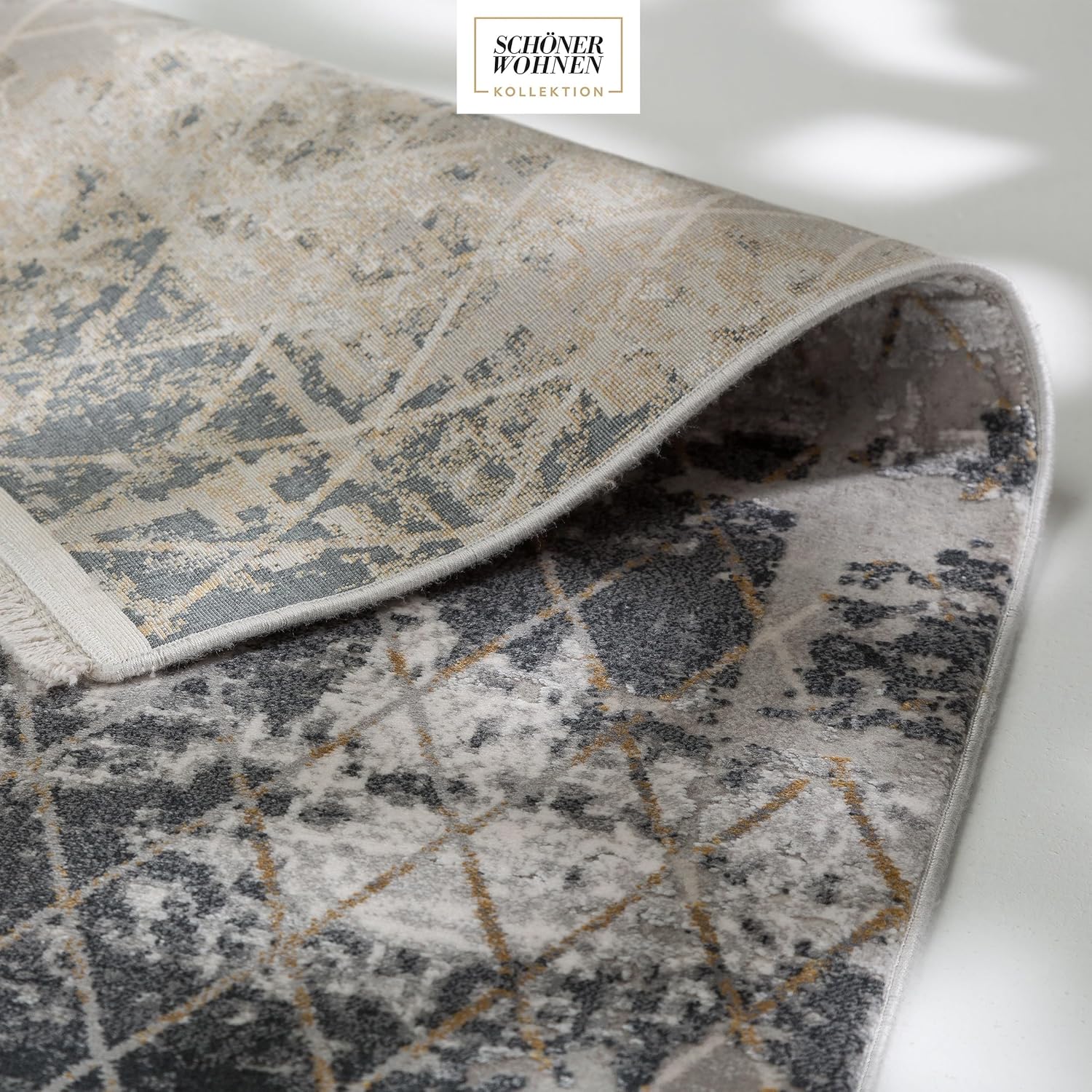 Schöner Wohnen Kollektion Hochwertiger Teppich Wohnzimmer, Schlafzimmer - Kurzflorteppich weich - Flachgewebe Design - Glänzende Muster - Teppich Rauten Anthrazit 133 x 190 cm
