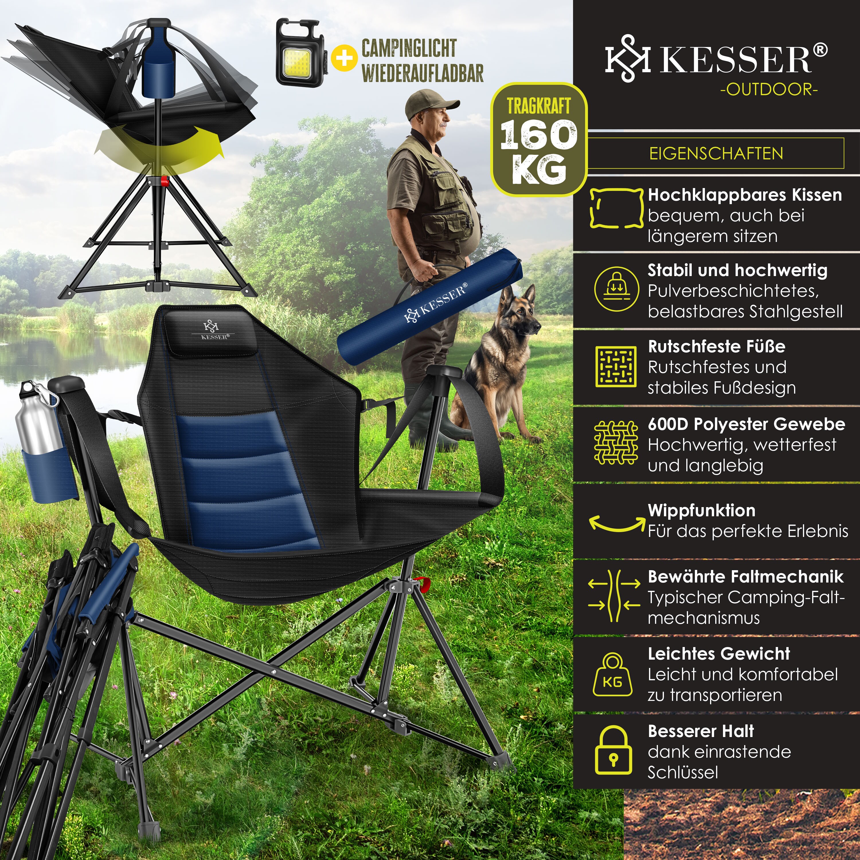 KESSER® Campingstuhl faltbar bis 160 kg | Angelstuhl Faltstuhl Klappstuhl Gepolstert mit Armlehnen | Campinglicht und Getränkehalter + Tasche mit hoher Rückenlehne | Strandstuhl mit Wippfunktion