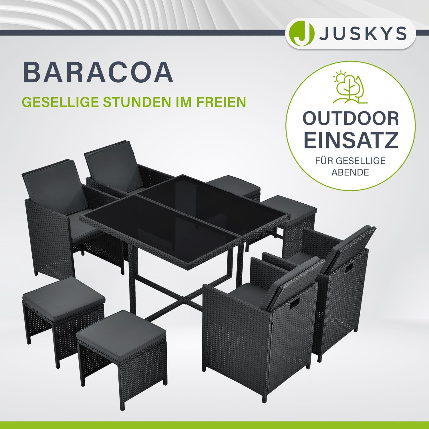 Juskys Polyrattan Sitzgruppe Baracoa L 9-teilig wetterfest, stapelbar - 4 Stühle, 4 Hocker, Tisch mit Glasplatte, Kissen - 8 Personen - Gartenmöbel Set für Garten, Terrasse