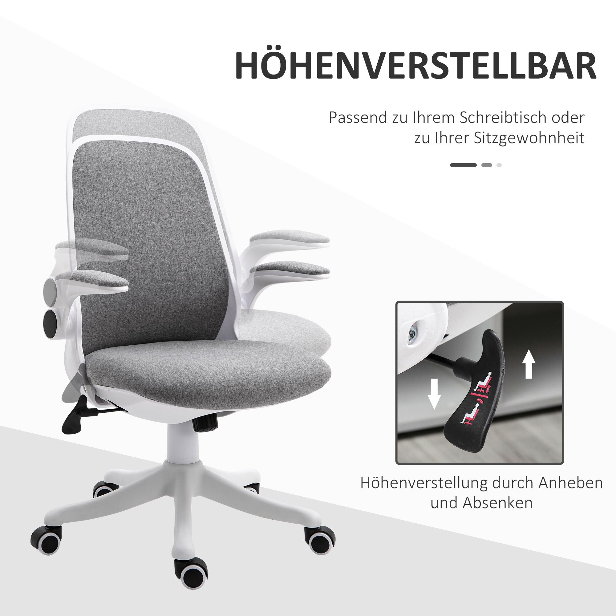 Vinsetto Bürostuhl mit Wippfunktion höhenverstellbar Grau+Weiß 62,5 x 60 x 90-98 cm (BxTxH)