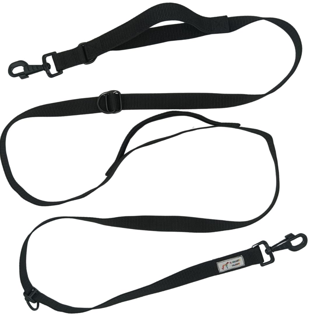 Guia para cães EGV com múltiplas posições e alça dupla de neoprene. Guia para cães que permite o uso com as mãos livres, 2,5 metros de comprimento. (Preta)