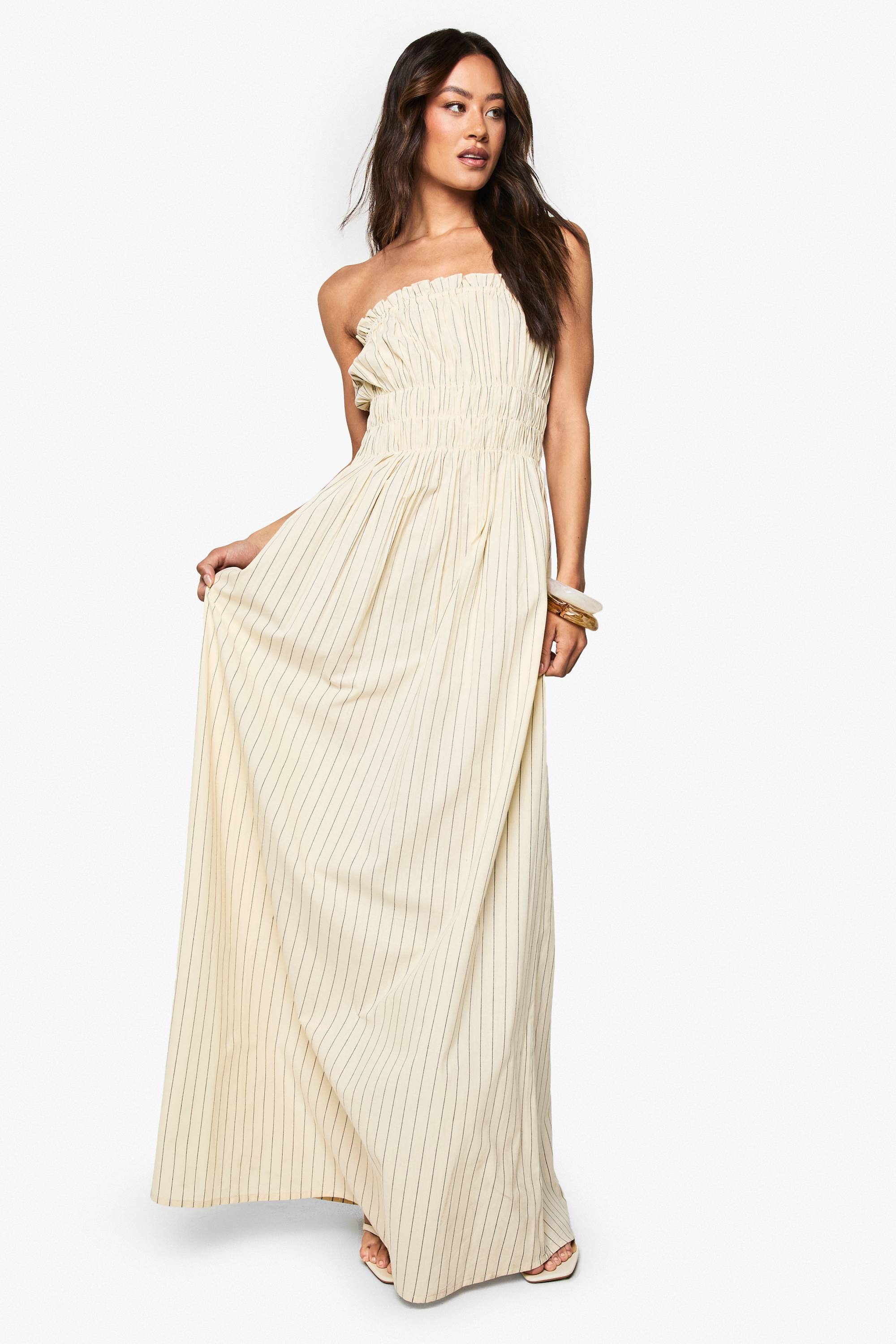 boohoo Robe Longue Froncée À Rayures Aspect Lin Tall