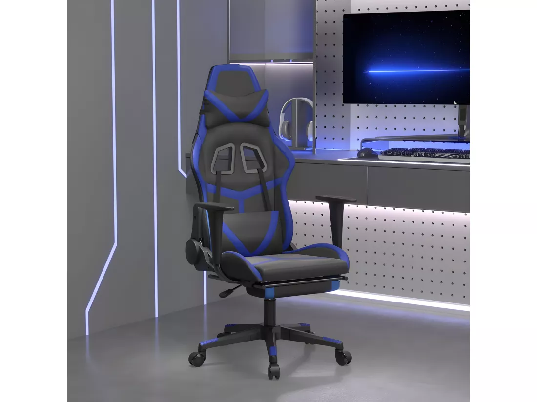 Chaise de jeu avec repose-pied Noir et bleu Similicuir