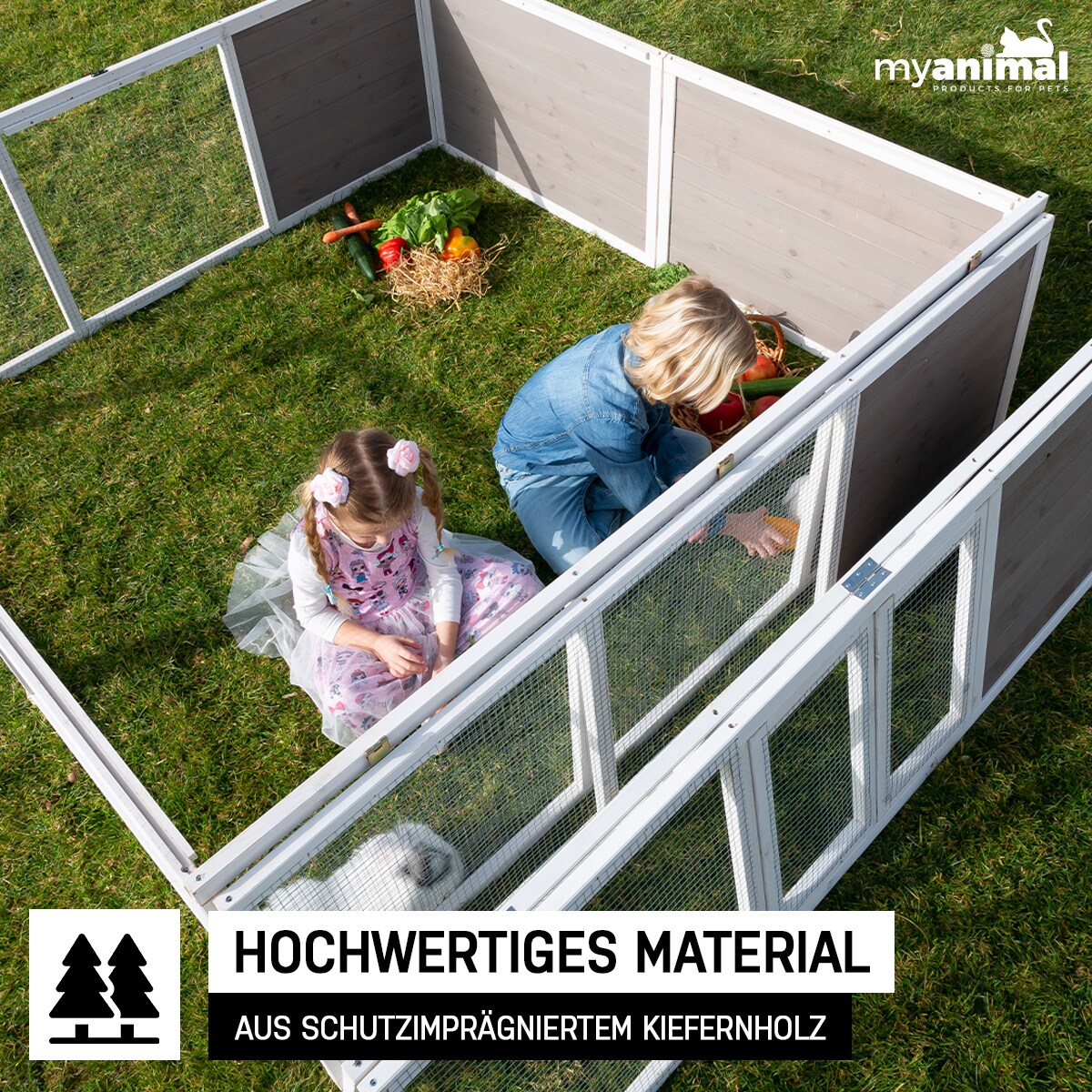 MyAnimal HasenstallMH-06 Freilaufgehege, Kaninchenstall XXL, mit Unterstand, Simple-Fold, Vollholz (Grau)