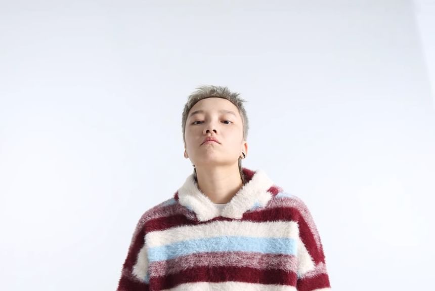 Zoslane - Kleurblok Fluffy gebreide hoodie