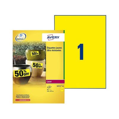Avery - 20 Étiquettes ultra résistantes jaune - A4 - Impression laser - réf L6111-20