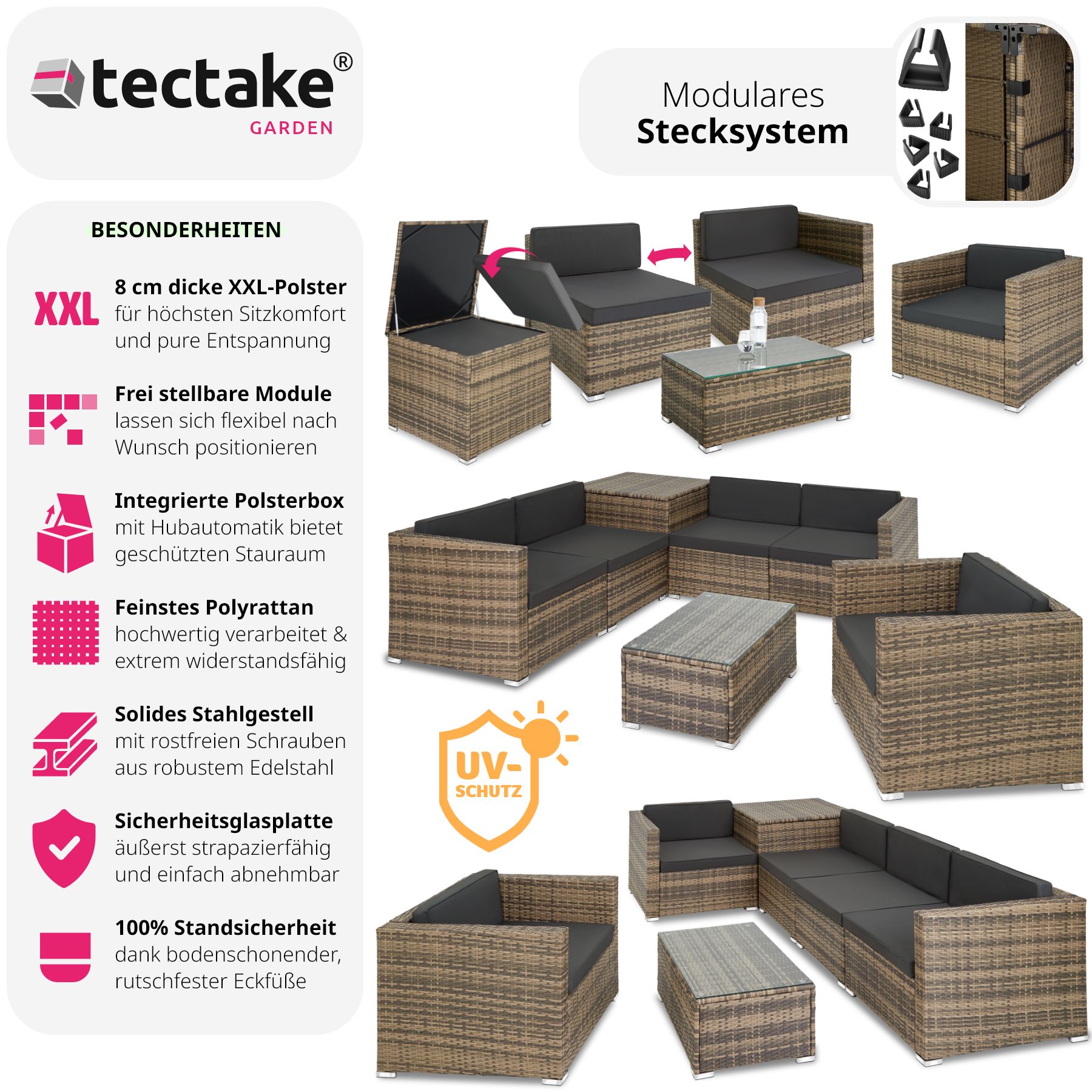tectake® Rattan Lounge, für 5 Personen, Dicke der Polster 8 cm, inklusive großer Aufbewahrungsbox