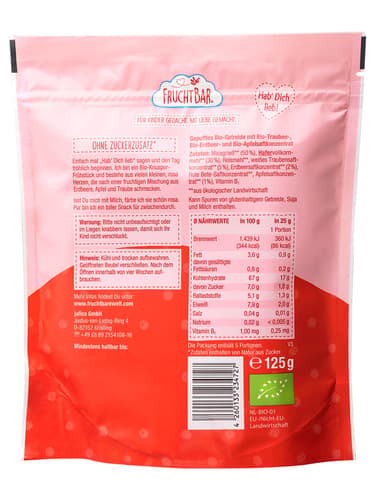 FruchtBar – Bio-Frühstücks-Herzen Hafervollkorn, Erdbeere, Traube, Apfel