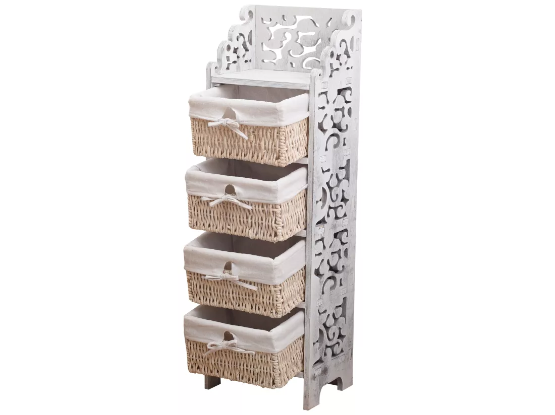 Commode Table De Chevet 4 Tiroirs Bois Osier Blanc 98x29x22
