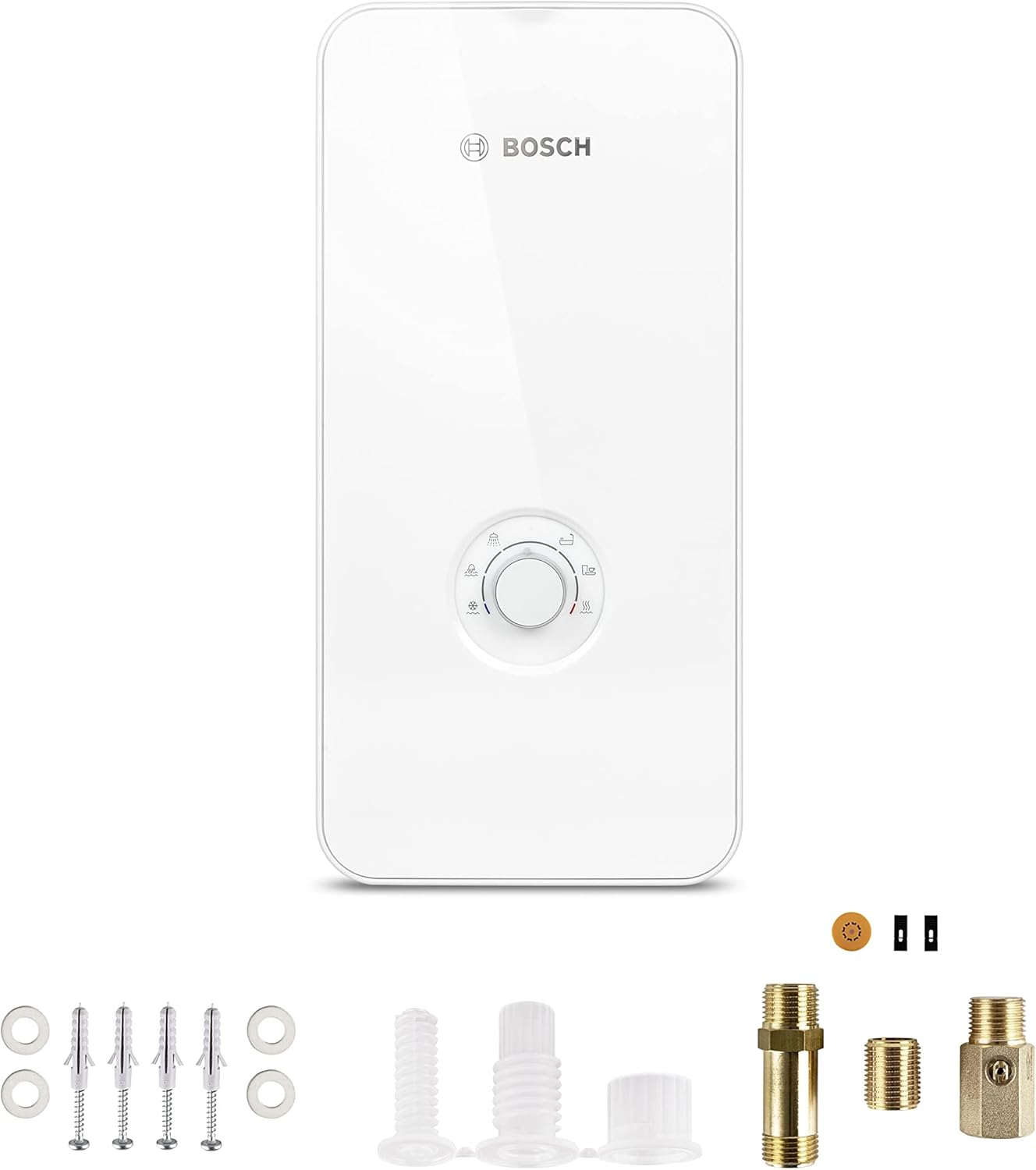 Bosch elektronisch geregelter Durchlauferhitzer Tronic Comfort AquaStop 21/24/27 kW - Umschaltbar, druckfest, stufenlose Temperaturwahl, moderne Glas-Optik, weiß [Energieklasse A]