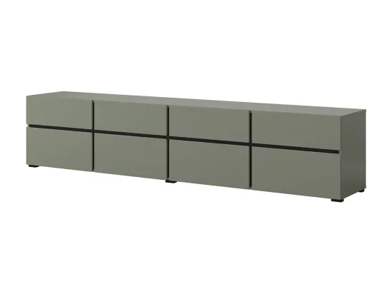 Meuble TV XL coloris vert sauge et noir 225cm collection HAVANA. Meuble design avec 4 portes et 4 tiroirs.