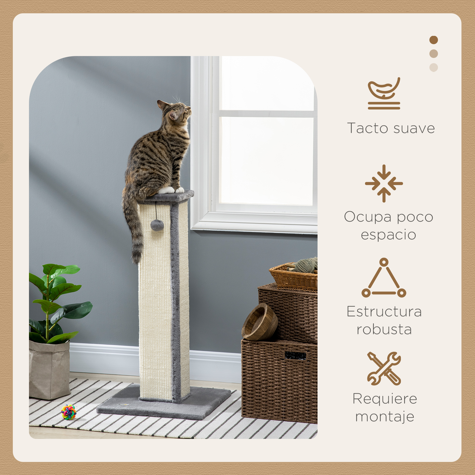 Arranhador para Gatos PawHut, 81 cm de Altura, com Poste de Sisal e Bola Pendurada, 41x41x81 cm, Cinza