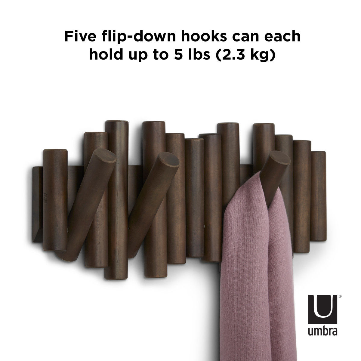 Wandkapstok Umbra Picket 5 haken walnoot hout