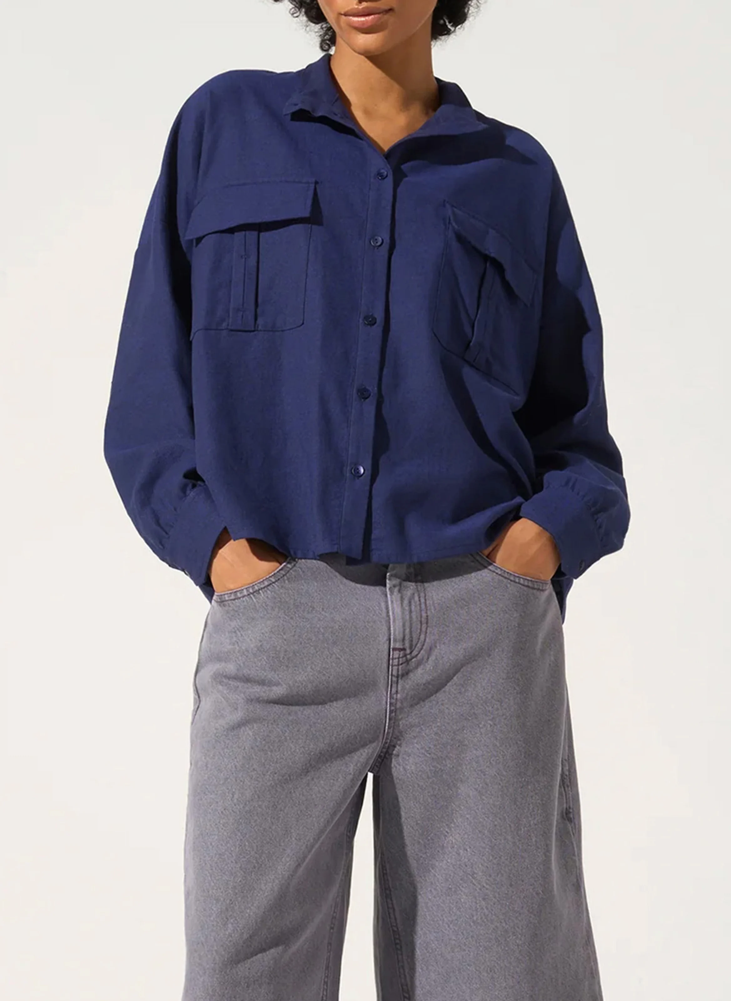 Chemise col officier en coton et en lin mélangés | Bleu