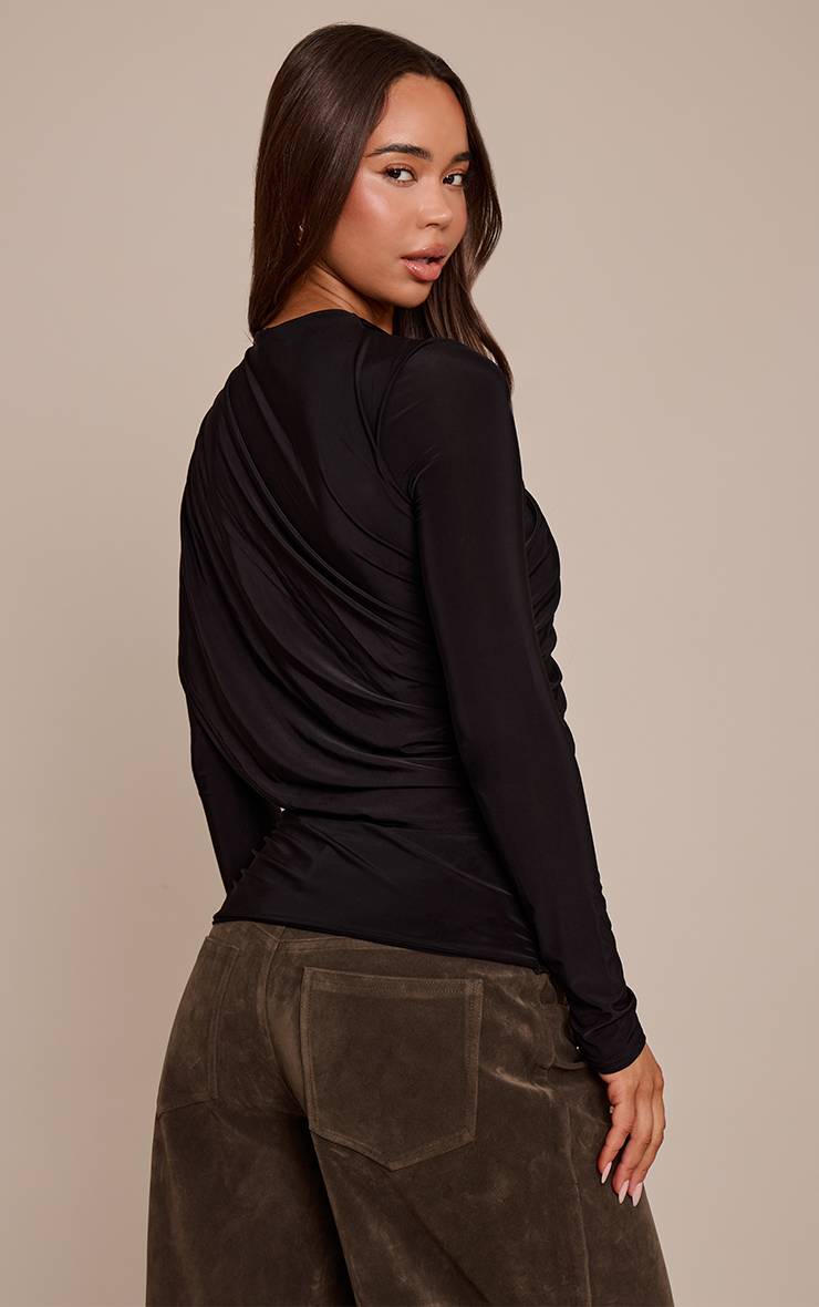 Noir Top À Manches Longues En Tissu Slinky Double Couche Avec Détail Cape