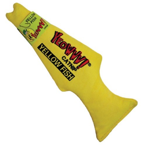 Brinquedo de pelúcia amarelo em formato de peixe para gatos com erva-de-gato.